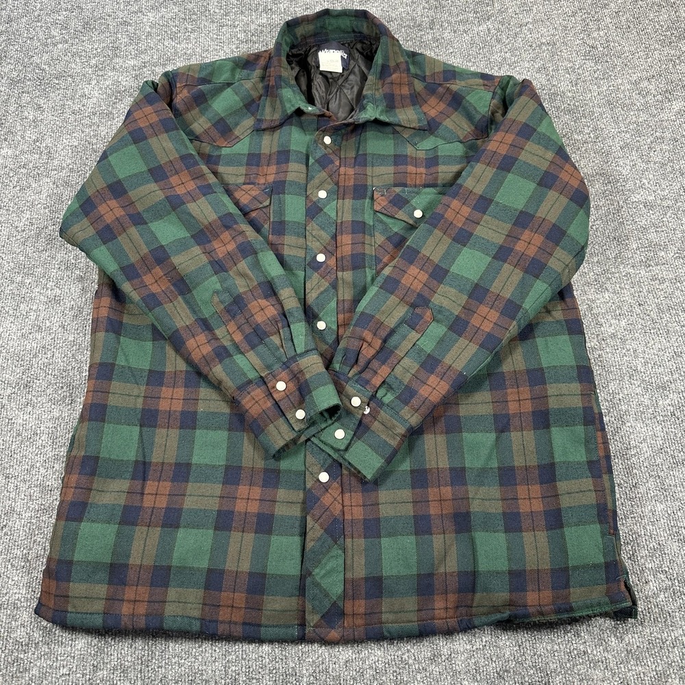 Wrangler Jacket Mens Large Green Plaid Flannel Quilted Snap Front Lined Workwear
